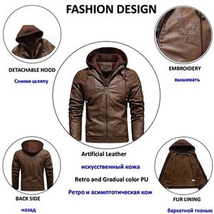 Men's Hooded Motorcycle Leather Jacket Fall/Winter Fleece Zipper PU Jacket Brown Vintage Slim Men's Clothing Biker Bomber Jacket 211110