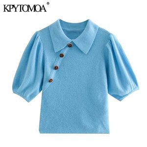 Women Fashion Decorative Buttons Cropped Knitted Sweater Vintage Puff Sleeve Female Pullovers Chic Tops 210416