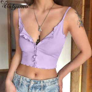 Colysmo Lato Crop Top Kobiety Spaghetti Paski V-Neck Ruffles Single Breasted Slim Fit Camisole Sexy Casual Vest Lavender Blue 210527