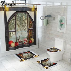 Bath Mats Europe Style Mat and Shower Curtain Set Christmas Toalett Seat Cover Non Slip Badrums absorberande matta