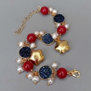 Y·YING Cultured White Pearl Blue Titanium Druzy Red Coral Charm Bracelet Women Wedding Party Gift