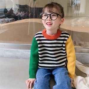 Höst Winter Boys and Girls Fashion Patchwork Sweaters Barn Round Collar Pullovers 211201