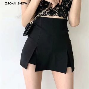 Summer High street Split Mini Skirt With short lining Sexy A-line Package Hips Short Skater Party Femme Black White 210429