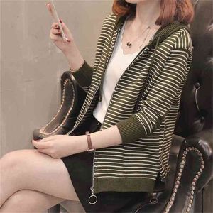 Listrado Capuz Cardigan Cardigan Camisola Mulheres Manga Longa Side Slit Design Drawstring Zipper Feminino Primavera Outono 210427