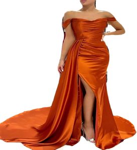 Off the Ramię Organge Syrenka Suknia Wieczorowa z pociągiem Sexy Side Slit Silk Satin Formal Prom Dresses Elegant Women Celebrity Party Vestidos de Fiesta Robe Soirée