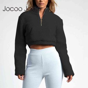 Autumn Winter Long Sleeve Crop Tops Vintage Fleece Zipper Turtleneck Hoodies Fashionable Sweatshirt Casual Short coat 210428