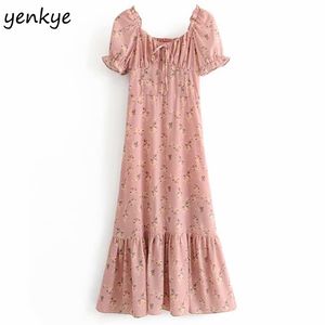 Summer Boho Dress Women High Waist Vintage Floral Print Sweet Lady Sexy Backless Short Sleeve A-line Chiffon 210514