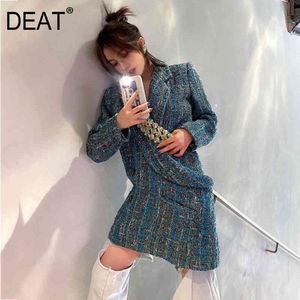 DEAT turn-down collar winter warm wool striped single breasted asymmetrical high quality coat dress styles WO63705L 210428