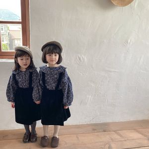 Sonbahar Moda Çiçek Giyim Setleri Bebek Kız Sıcak Astar Rahat Bluz Ve Kalın Kadife Tulum 210508