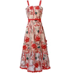 Wholesale spaghetti strap flower dress for sale - Group buy Multicolor Flower Embroidery Red Cami Holiday Dress Summer Women Spaghetti Strap Casual Mesh Lace Sleeveless Long Dresses