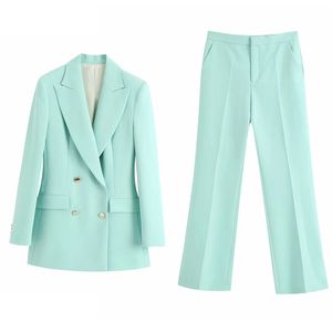 Women's Solid Color Double-breasted Blazer+high Waist Wide Leg Suit Pants Set Fall Clothes for Women Two Piece Set Women Tops 210422