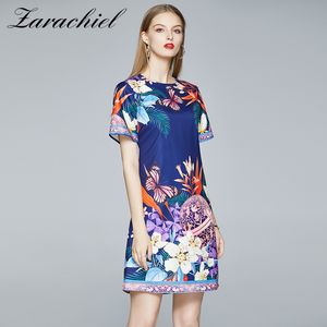 Summer Elegant Butterfly Jungle Flower Print Women Short Sleeve O-Neck Mini Party Dress Female Loose Vintage Dresses 210416