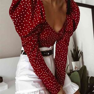 OOTN Vintage Polka Dot Donna Puff Manica lunga Wrap Top Elegante Lace Up Red Crop Camicetta Sexy Backless Chic Camicie femminili 210719