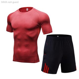 Gymkläder T-shirt Shorts 2-PC Sportkläder Män Träning Summer Tracksuit Bodybuilding Slim Fitness Pocket Zip
