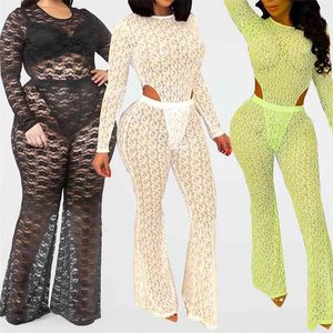 Mesh See-through Printed 2 Pcs Set O-neck Long Sleeve Bodysuit Tops + Bandage Flared Pants Skinny Outfits Suits Party Club Wear 210517