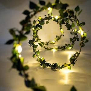 2M 20LED 장미 꽃 녹색 잎 커튼 도어 요정 램프 화환 구리 LED 배터리 홈 파티 웨딩 페스티벌 장식을위한 배터리 작동