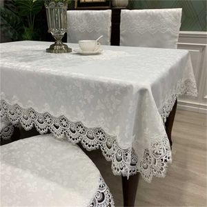 テーブルクロスホワイトラグジュアリー刺繍美しいレースサテンの布ディネニングテーブルカバー中空アウトラウンドフラグタオル211103