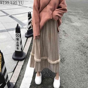 Werueruyu бархатная длинная юбка женщина осень зима корейская плиссированная высокая талия повседневная свободная офисная леди одежда днища плюс размер 210608