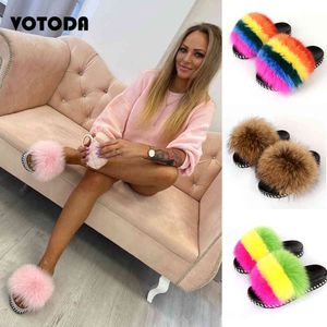 Summer Outdoor Women Fur Slides Fluffy Real Fox Slippers PVC Platform Rivet Flip Flops Amazing Bling Sandals Ladies Shoe New
