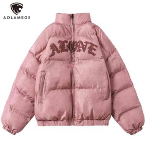 Aolamegs Winter Jacket Mężczyźni List Inkjet Haft Badge Streetwear Mężczyźni Ciepły Gruby Zipper Harajuku All-Mecz Park Kurtki Płaszcz 210818