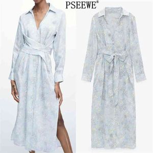 Spring Floral Print Woman Long Shirt Dress Fashion Knot Sleeve Elegant es For Women Chic Vintage 210519