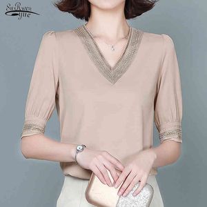 夏の刺繍半袖カジュアルシルクサテンシャツオフィスの女性のソリッドVネックブラウス女性プラスサイズの緩いトップス服13460 210521