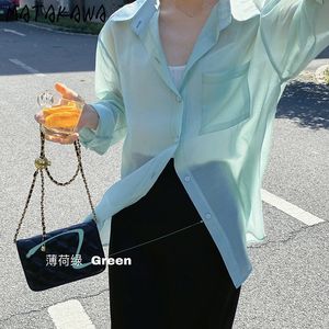 Matakawa Koreansk Transparenta Kvinnor Blusar Vår och Sommarskjorta Långärmad Top Tunna Blusas Mujer de MODA 210513