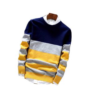2019 Marca de moda splice stripe algodão homens finos pullover blusas casuais crochê listrado de malha camisola homens pulôver roupas y0907