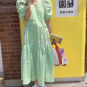 Nomikuma Korean Fashion Plaid Dress Women V Neck Short Sleeve A Line maxi Dresses Robe Casual Sweet Chic Vestidos Mujer 210514