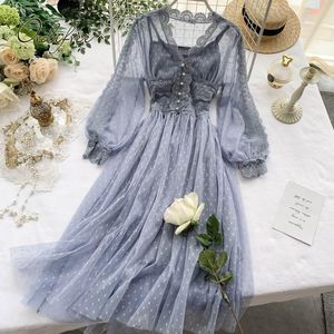 Летние Женщины Tulle Maxi Рукава Кружева Кружева вязание в горошек Посмотреть скважину Сладкое сексуальное Длинное Платье Туники 210415