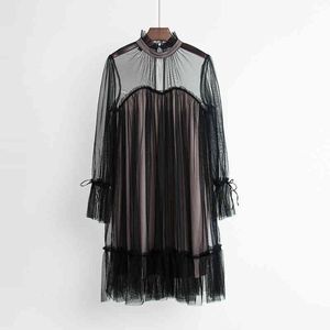 Khaki Black Mesh Lace Sweet Ball Gown Full Long Puff Sleeve Stand Collar Knee Length Dress Elegant Autumn Party D0244 210514