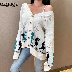 Ezgaga Winter Christmas Sweater Women V-Neck Loose Tree Elk Print All-Match Ladies Knitted Cardigan Single Breasted Tops Casual 210430