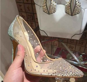 2023 New Spring Summer Style Styles Women Shoes Rhinestone High Heels Crysts Pointed Tee Mesh Pumps Woman Red Sole Wedding Shoes