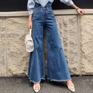 Spring Casual Korea Women Flare Pants Zipper Loose Solid Color Foldable Waist Blue Wide Leg Opening Denim Jeans 8Y639 210510