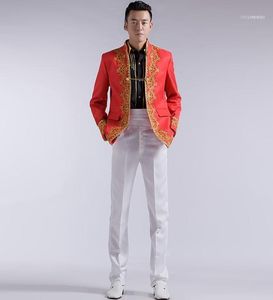 Erkek Takım Elbise Blazers Toptan-Beyaz Siyah Kırmızı Renkler Düğün Damat Smokin Nakış Aplike Takım Erkekler Altın Ceket + Pantolon1