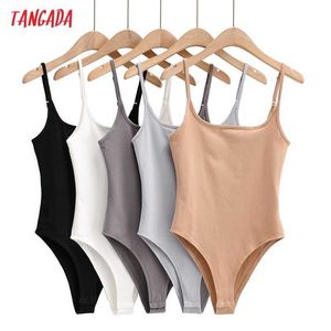 Tangada Fashion Women Solid Stretwy Bodyshirt Shirt Playsuit Strap Justera U Neck Ärmlös Kvinna Toppar 4p92 210609