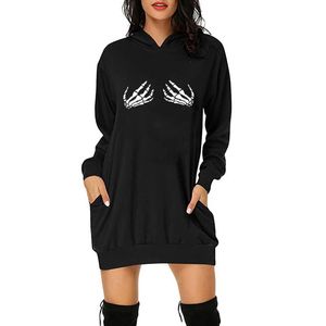 Casual Dresses Women's Mini Hooded Dress With Pocket Halloween Print Long Sleeve Winter Female Loose Street 2021 #T1G