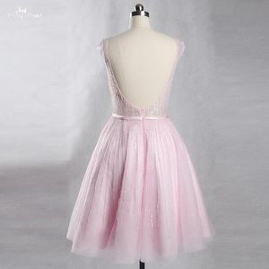 Party Dresses RSW845 Luxury Sexy Open Back Boat Neckline Beaded Short Baby Pink Prom Dress