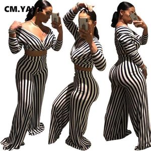 CM.YAYA Aumutn Women set Striped Full Sleeve Sexy Fashion Loose Pants Deep V-Neck Two Set 211105