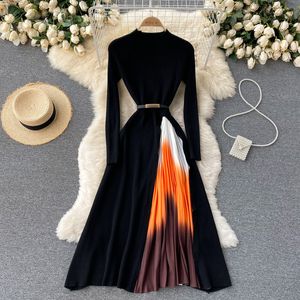 Temperament 2022 Spring Autumn Elegant Dresses Long Black Long Sleeve Fake Two Piece Knitted Pleated Large Swing Dress