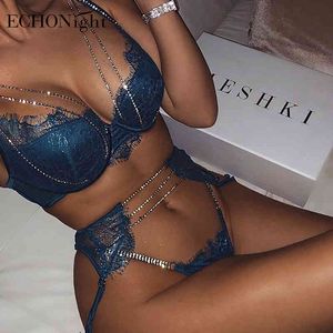 Echonight Rhinestone Bielizna Ustaw Shiny Push Up Women Bielizna Zestaw Underwire Biustonosz i Thong Bra Set Women's Lingerie Hurtownie X0526