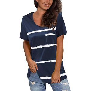 Kobiety Loose Plus Size T-shirt Casual Paski O-Neck Krótki rękaw Topy z Kieszonkową Letnią Kobiet Print Streetwear Tee Koszula S-5XL 210507