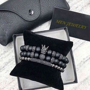 2pcs/set Uxury Fashion Crown Charm Bracelet Natural Stone For Women And Mens Pulseras Masculina jewelry Gift, holiday, valentine's day GC205