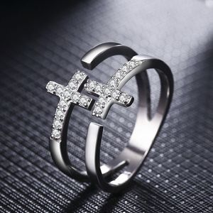 طبقة مزدوجة الماس الماس ، عصابة الحلقة إصبع يسوع يعتقد أن مفتوحة جوفاء قابلة للتعديل حلقات التراص النساء زوجين الأزياء هدية المجوهرات