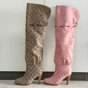 Designer stövlar sexiga över knästövlat vinterplattform kvinnor skor duk blixtlås elastisk bootletter mode booties tjocka klackar kvinna högklackad sko nr317