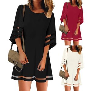 Casual Dresses 2021 Women's O Neck Mesh Panel 3/4 Bell Sleeve Loose Top Shirt Dress Plus Size Three Quarter Summer