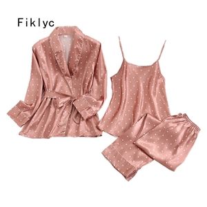 Fiklyc underwear three-piece's dot satin pajamas sets long sleeve autumn pants pyjamas female sexy nightwear 210809