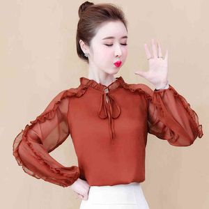 Sleeves Flounges Spring Style Chiffon Blouse Camisa Longo de Manga De Mangas Blusas Mujer de Moda Tops Mulheres 908E 210420