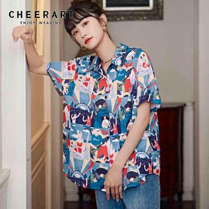 Chemisier imprimé esthétique femmes chemises Colorblock à manches courtes chemise boutonnée haut d'été chemisiers coréens vêtements 210427