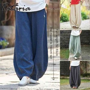 Harem Pant Hemp Bloomer Women Pants Casual Loose Trouser Summer Cotton Calf-length Oversize Pockets Wide Leg 210915